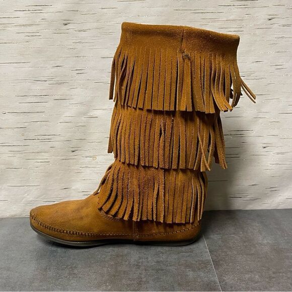 Minnetonka Women’s 3-Layer Fringe Brown Suede Leather Boots Size 8 - Picture 9 of 16